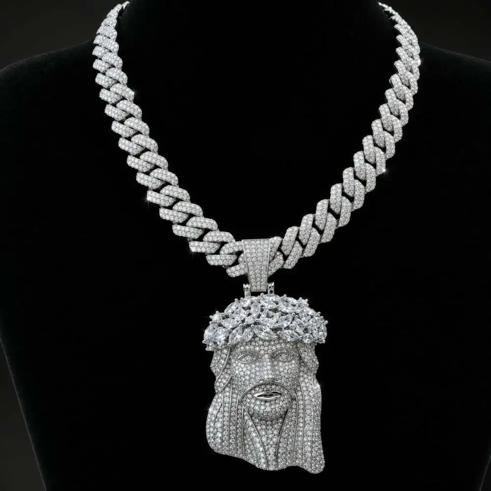 Iced Out Jesus Head Pendant with 22 inch Cuban Link Chain.